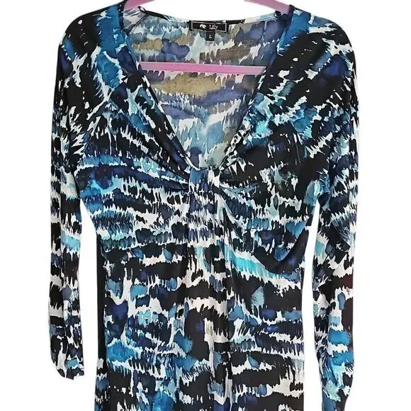 Lily A-line, longsleeve, multicolored dress. Size Large - Picture 3 of 8